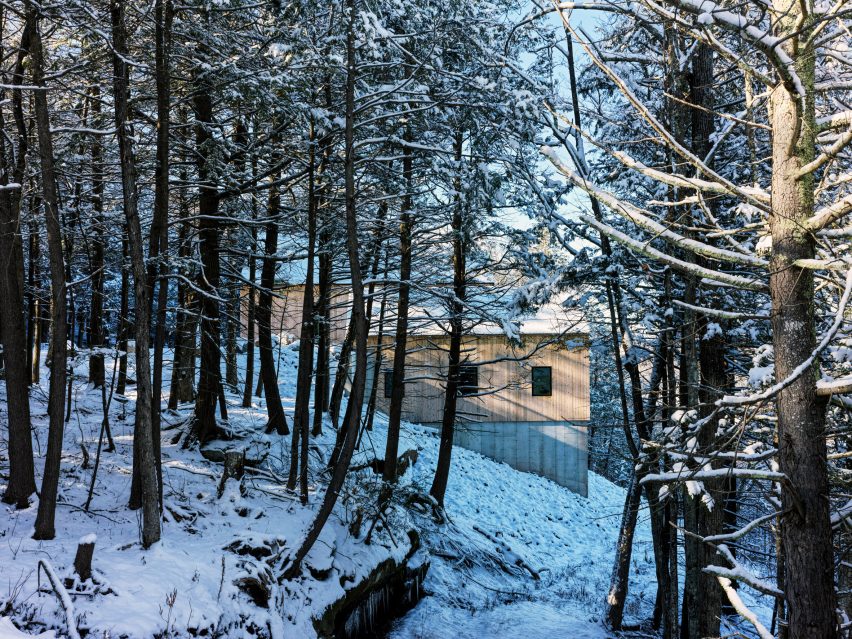 Concrete and timber-clad home on a snowy hillside in a wooded area