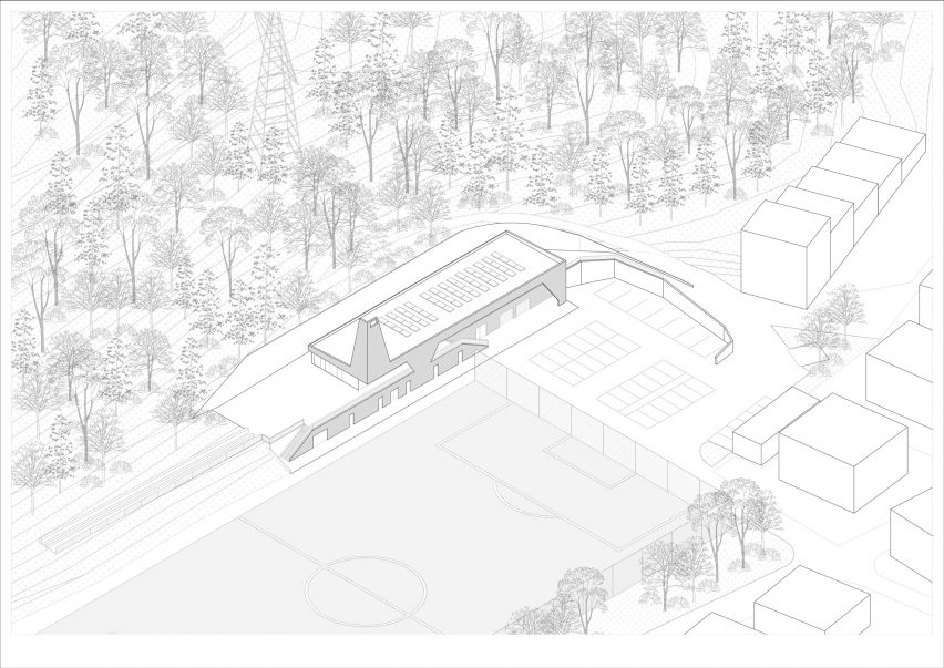 Axonometric drawing of Fieldhouse sports centre in South Tyrol by MoDus Architects