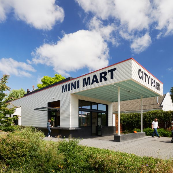 Contemporary remake of 1930s gas station with white paint
