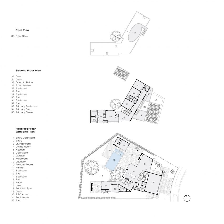 First floor, second floor and roof plan of the Psomas house by Hsu McCullough