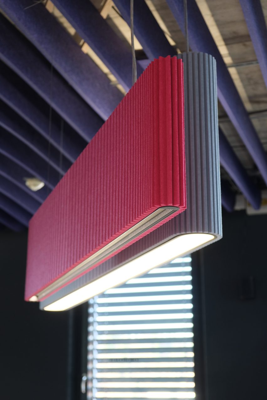 One pink and one blue pendant lamp with acoustic panelling