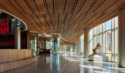 Interior museum gallery space with concrete floor and timber ceiling and glazed wall