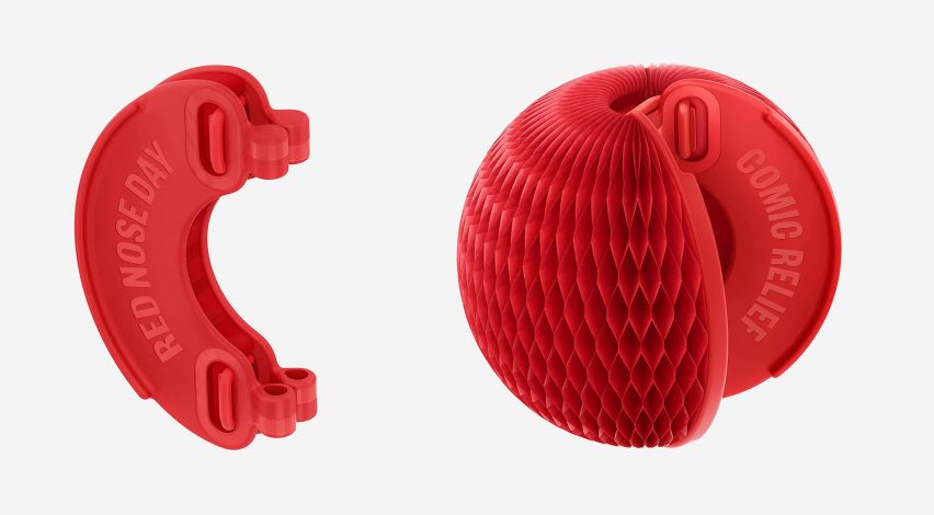 Rendering of Jony Ive's 2023 Red Nose Design showing the nose folded down into a flat crescent on the left and unfurled into a honeycomb paper ball on the right