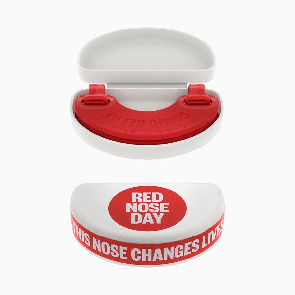 Rendering of Jony Ive's design for the Red Nose Day nose case, showing it open on the top and closed on the bottom