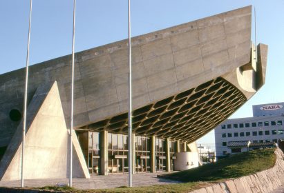 Side profile of the Kagawa Prefectural Gymnasium by Kenzo Tange
