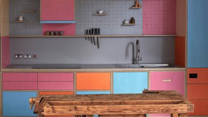 The interior of a colourful kitchen