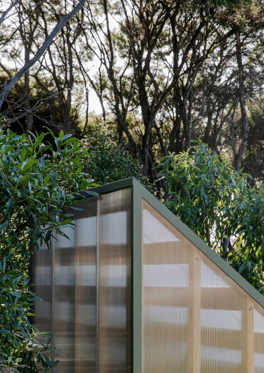 Top of a mono-pitched polycarbonate shed covered with a timber structure