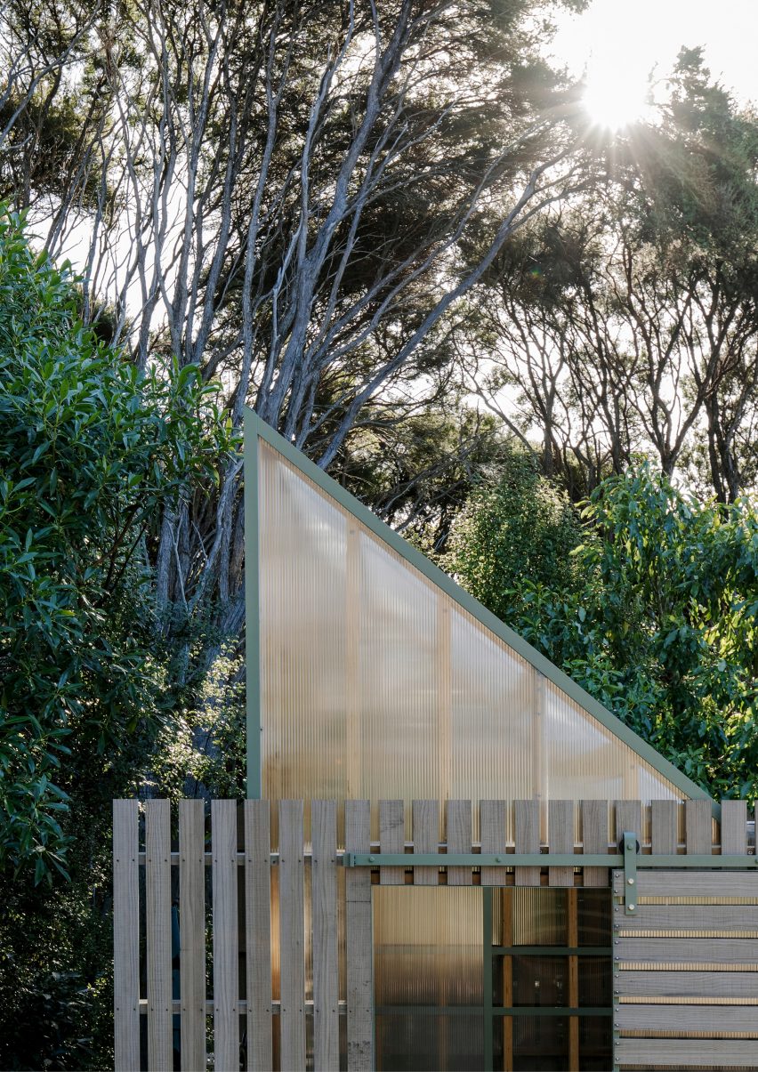 Top of a mono-pitched polycarbonate shed covered in timber battens in the New Zealand bush