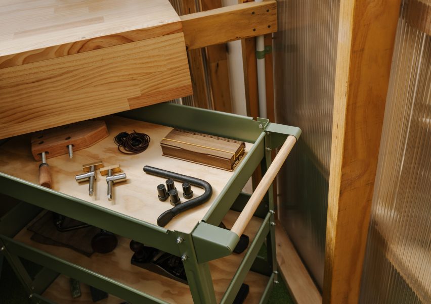 Close-up of shed storage with screws and equipment