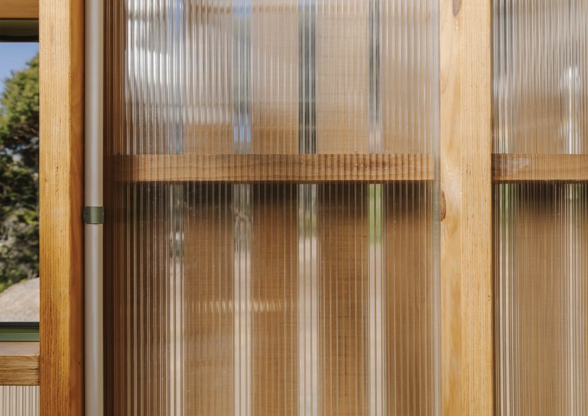 Timber structure with polycarbonate walls and external timber battens