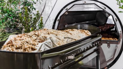 Human composting vessel inside Recompose facility in Seattle designed by Olson Kundig