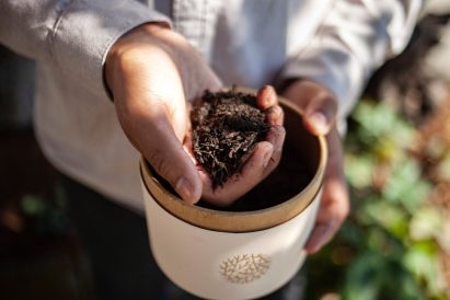 Person holding a handful of dirt