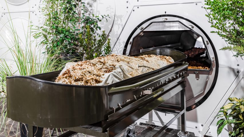 Human composting vessel inside Recompose facility in Seattle designed by Olson Kundig