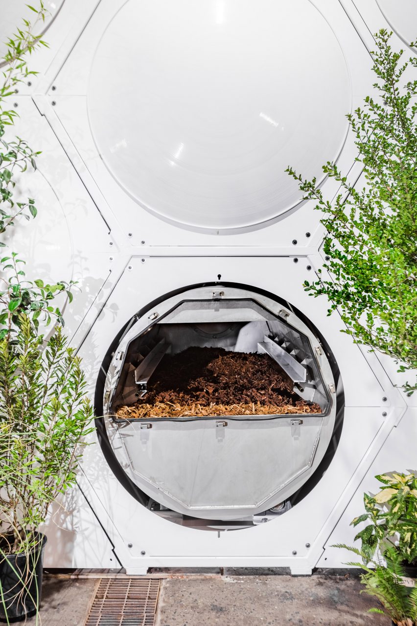Human composting vessel inside Recompose facility in Seattle designed by Olson Kundig