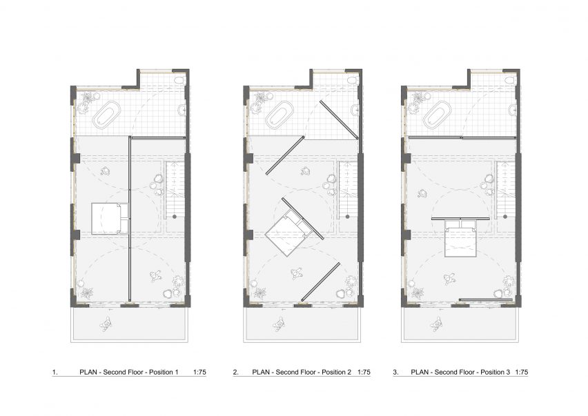 Three lower floors plans showing different rotating wall configurations in the Fishmarket studio by Ab Rogers Design
