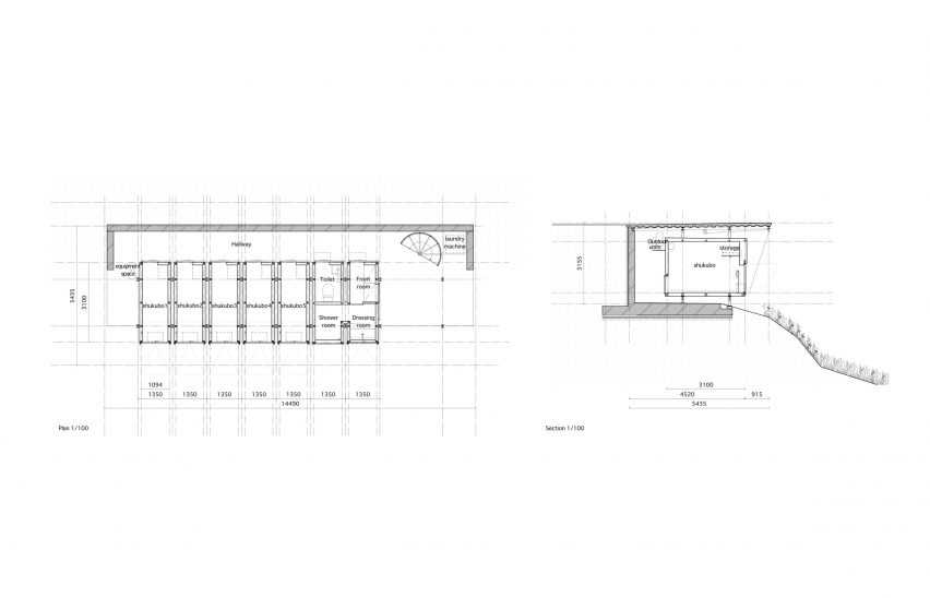Floor plan and section of the guesthouse in Japan designed by Schemata Architects