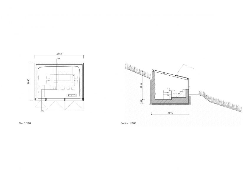 Floor plan and section of the bunker bar in Japan by Schemata Architects