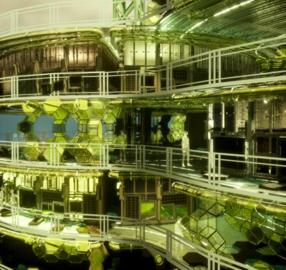 Visualisation showing green-hued building