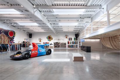 Mark Gonzales go-kart parked in skate shop in Los Angeles
