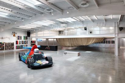 Wooden skate bowl within Supreme store in Los Angeles