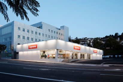 Recognisable red Supreme logo on one-storey store in Los Angeles