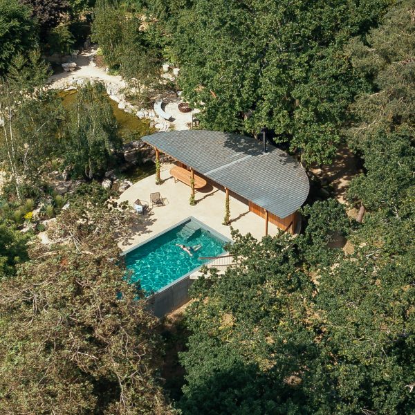 Aerial view of Surrey pool house by Surman Weston