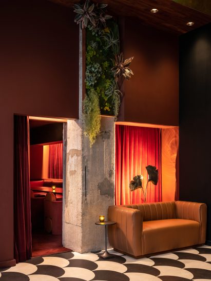 Red velvet curtains and warm lighting