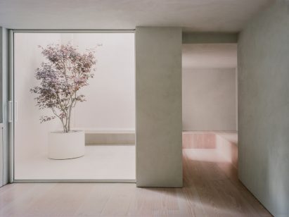 A white interior with wood flooring and a large opening leading to an outdoor courtyard with a potted tree