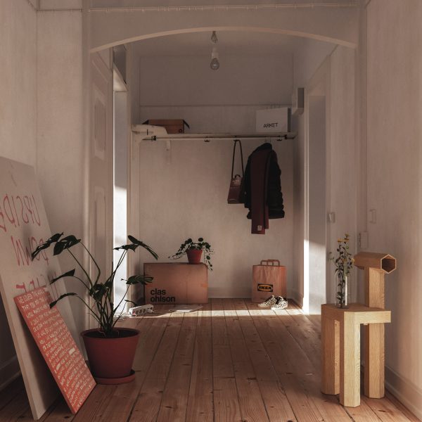 Render of hallway with moving boxes and bags