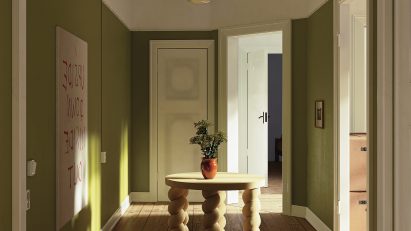 Render of a green hallway in Uncanny Spaces interior by Christoffer Jansson