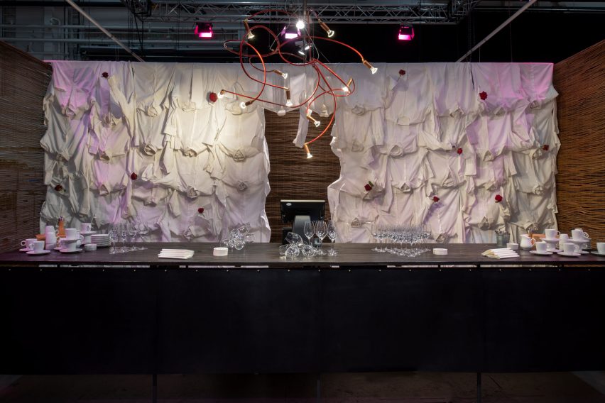 Wall made from dress shirts at Underbar bar at Stockholm Design Week