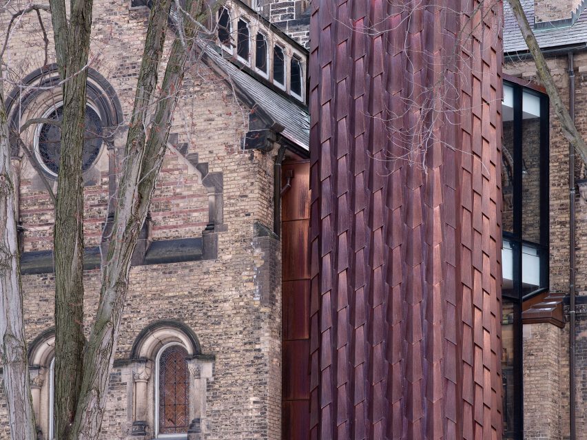 copper clad elevator on gothic building