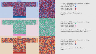 Diagram of jumpers with patterns created by a coding system with key on the right