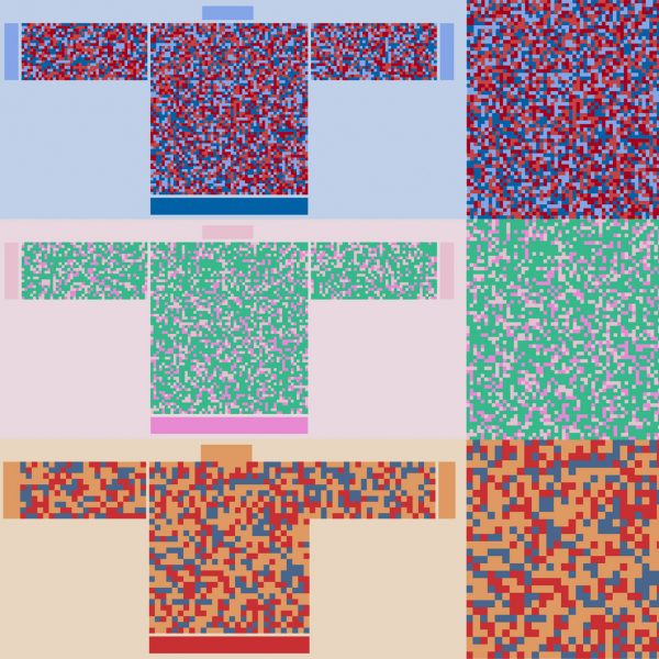 Diagramme of jumpers with patterns created by a coding system with key on the right