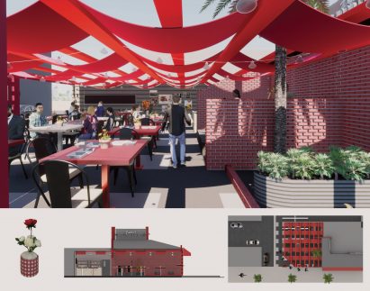 Collage of visualisations and technical drawings