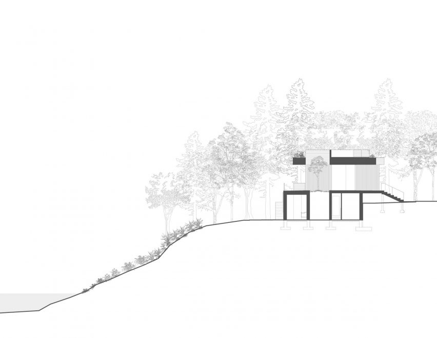 Section drawing of the lake house in Connecticut by Worrell Yeung
