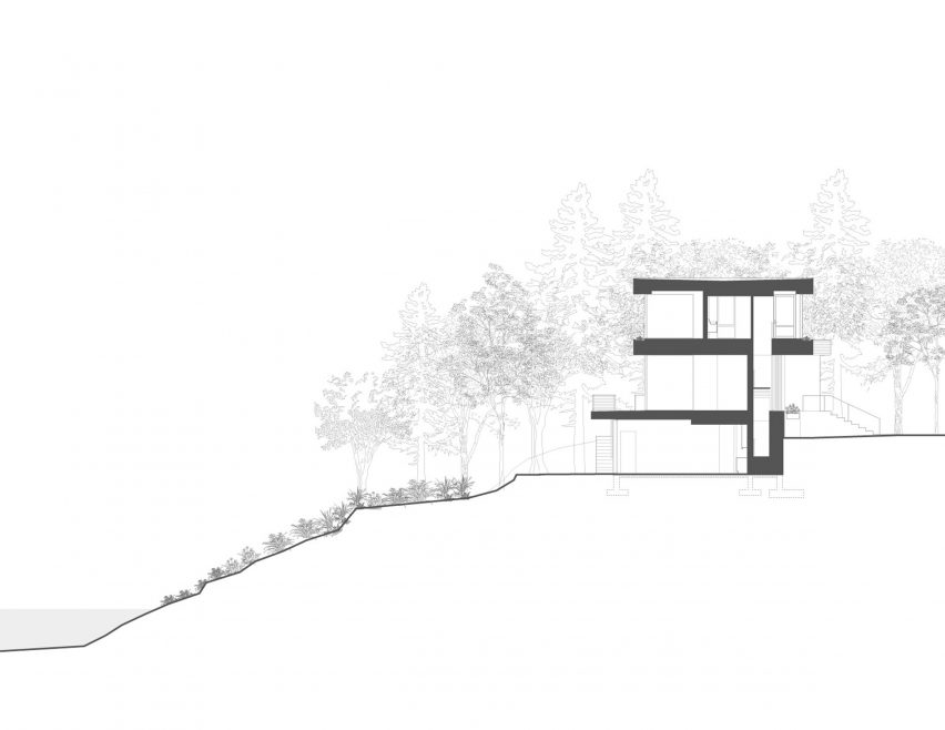 Section drawing of the lake house in Connecticut by Worrell Yeung