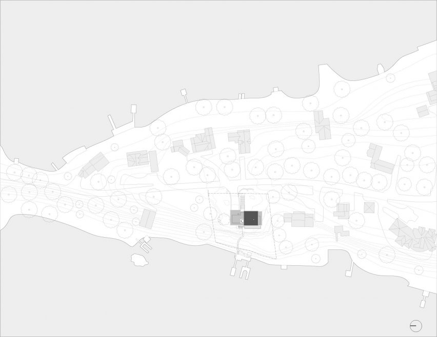 Site plan showing the lake house in Connecticut by Worrell Yeung
