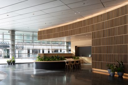 Timber pavilion inside 10 Exchange Square