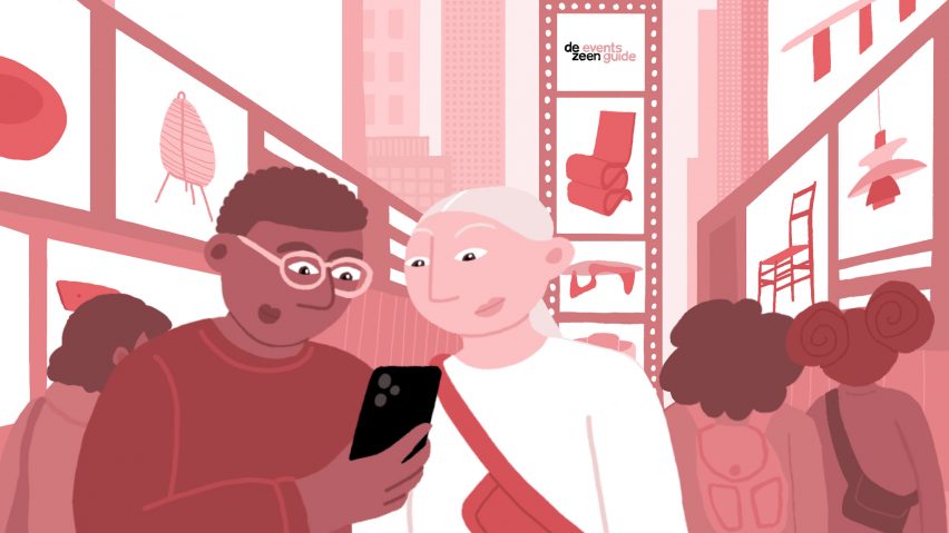 Red and white NYCxDesign illustration featuring individuals visiting the event