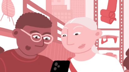 Red and white NYCxDesign illustration featuring individuals visiting the event