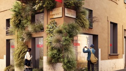 The outside of Foscarini's installation filled with plants