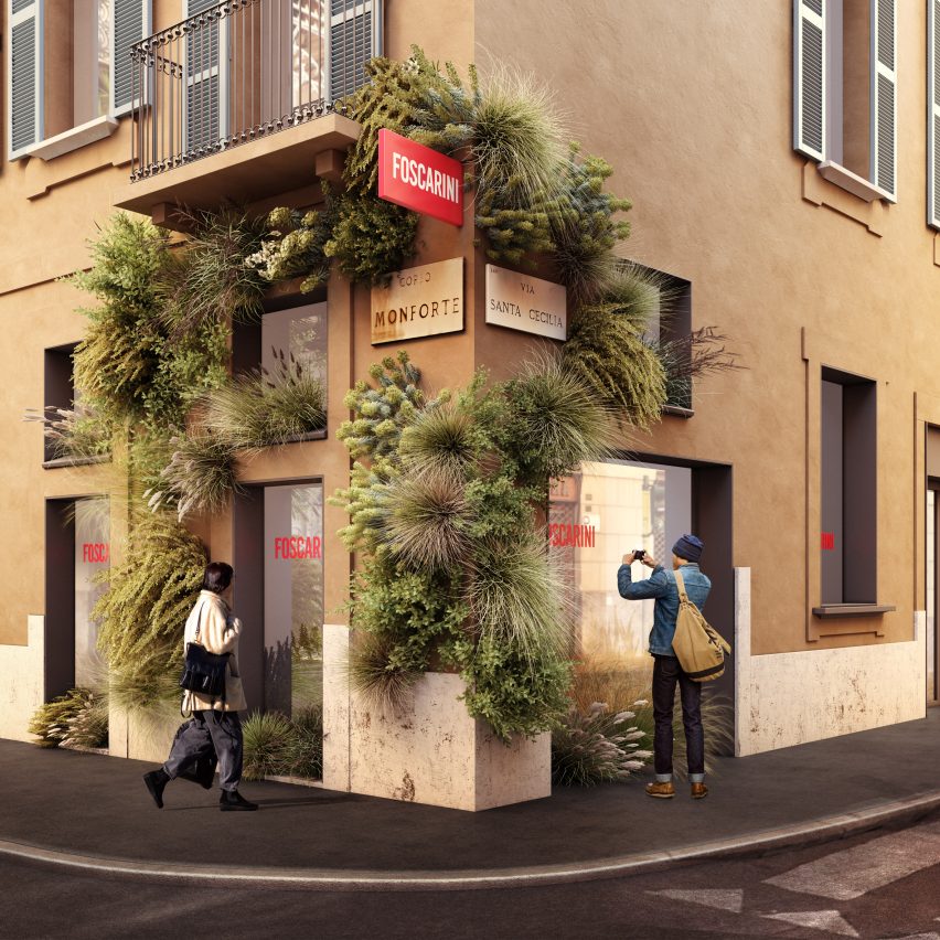 The outside of Foscarini's installation filled with plants