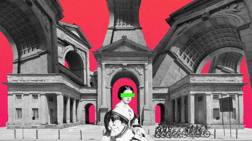 Graphic of a person in front of buildings