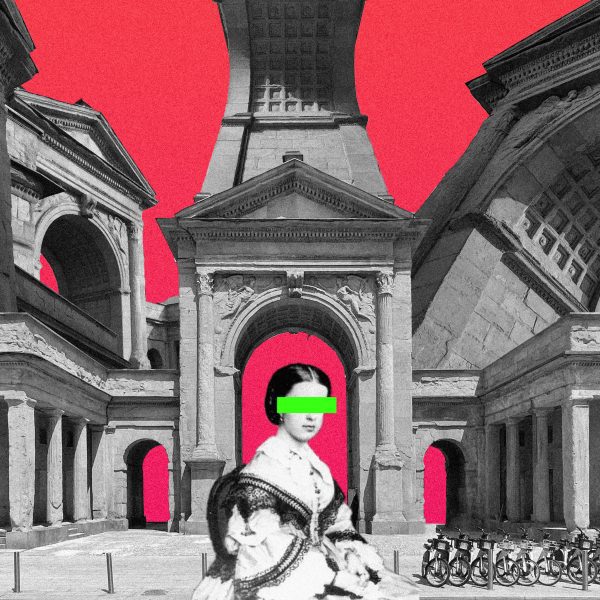 Graphic of a person in front of buildings