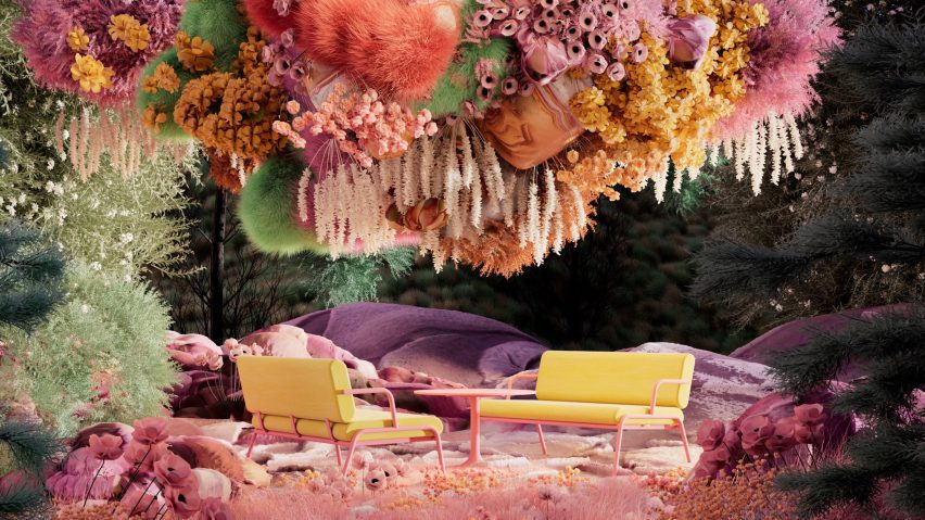 Graphic of botanicals and garden furniture
