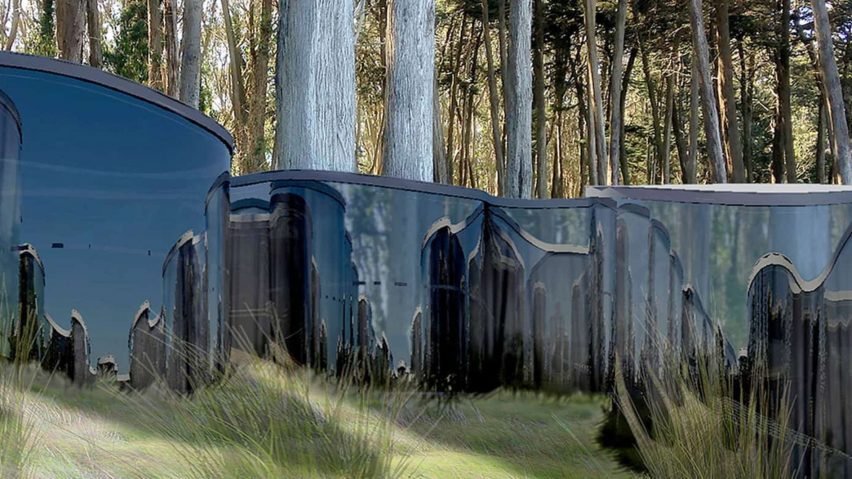 Render of a one-storey dark structure in a wooded area