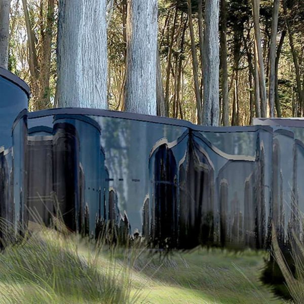 Render of a one-storey dark structure in a wooded area