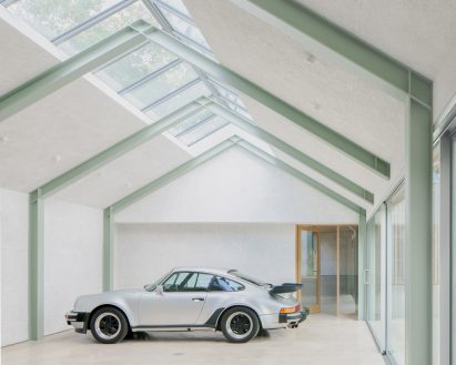 Posche in car barn garage