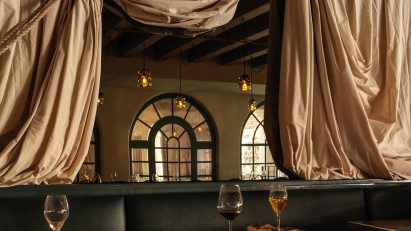 Dramatic drapery at Bar Chelou in Pasadena